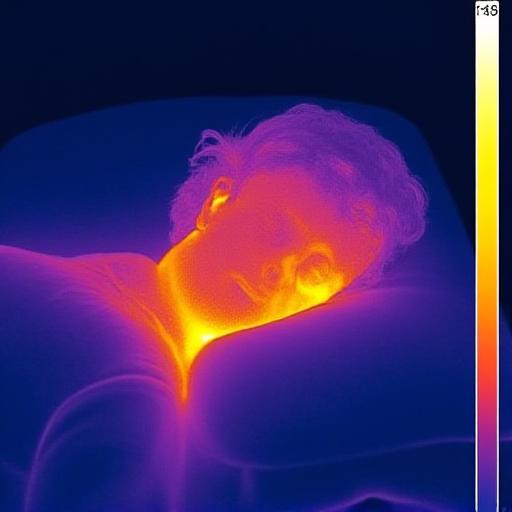 Thermal imaging scan showing heat dissipation on a cooling pillow surface